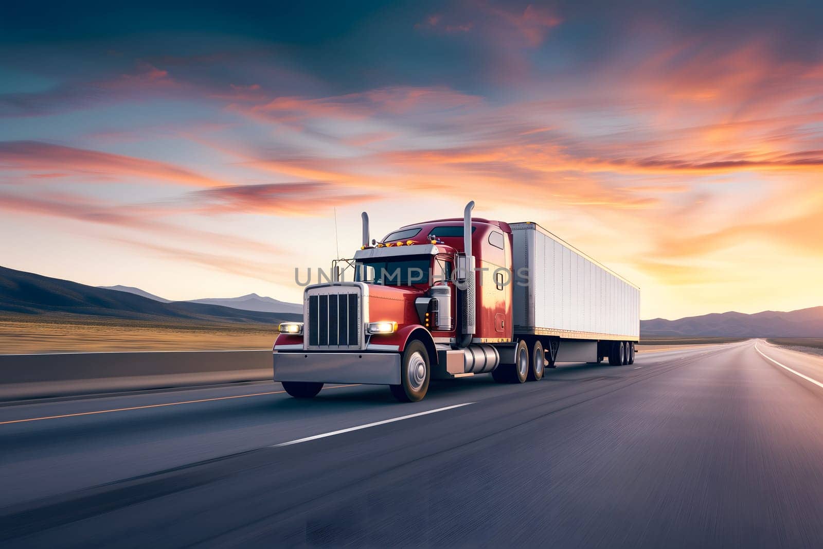 Classic American long-nose semitruck on a highway by z1b