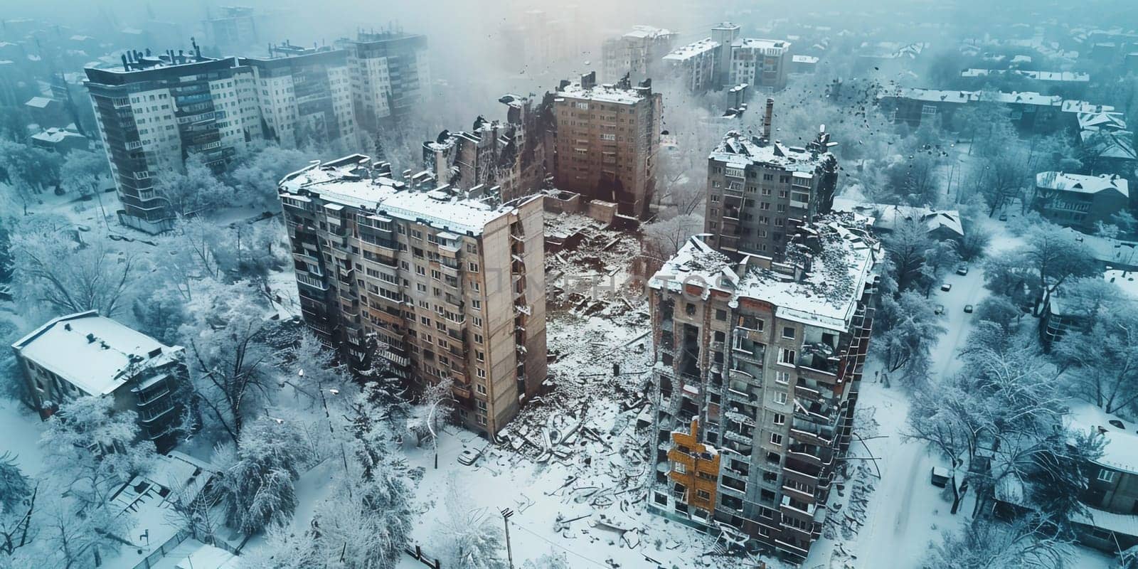 Obliterated European City Exploding Buildings On Fire Lost Control Over Military Target European War World Threat Damaged Buildings 3d Illustration. High quality photo