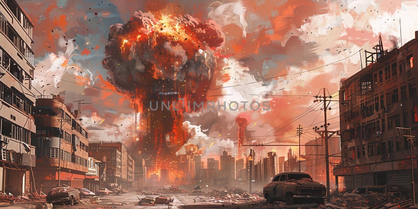 3d illustration of nuclear warhead fell on the city smoke and fire mushroom hat.