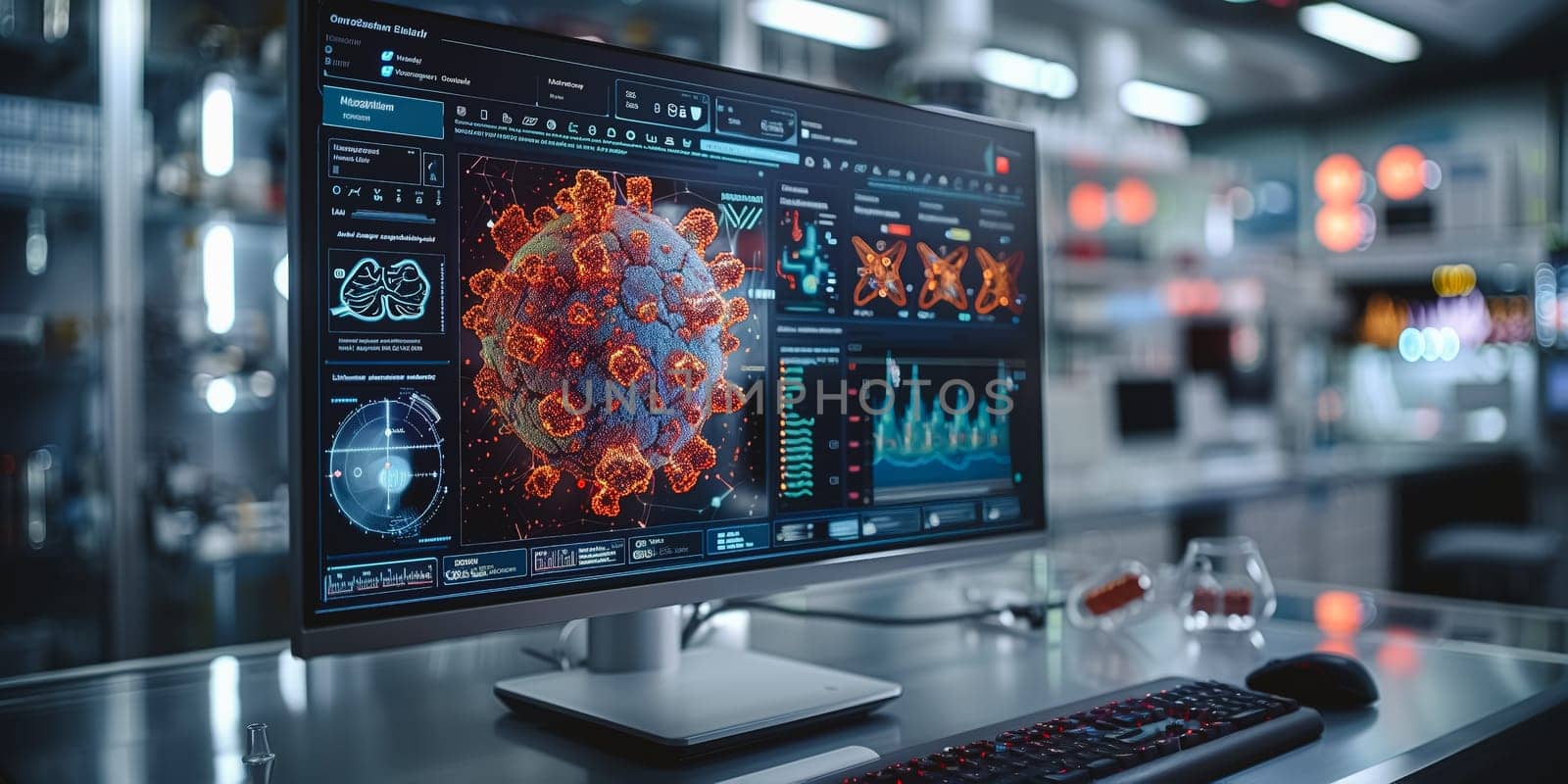 Science and medical. Modern computer is analyzing data DNA gene transfer and gene therapy disease treatment and prevention in scientific chemical laboratory.