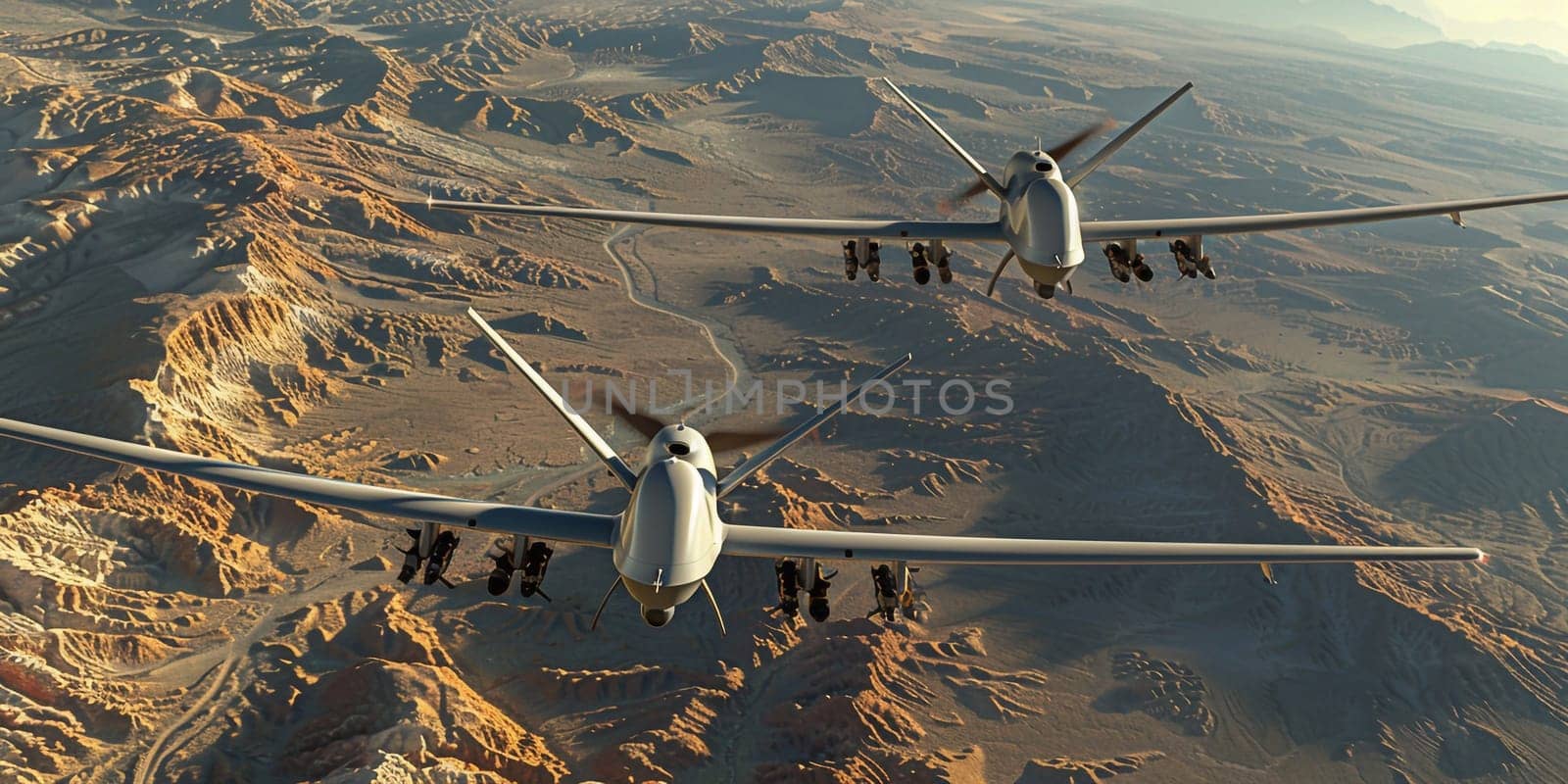 Military Predator Drone in action. War of Explosions 3. 3d Render. High quality photo