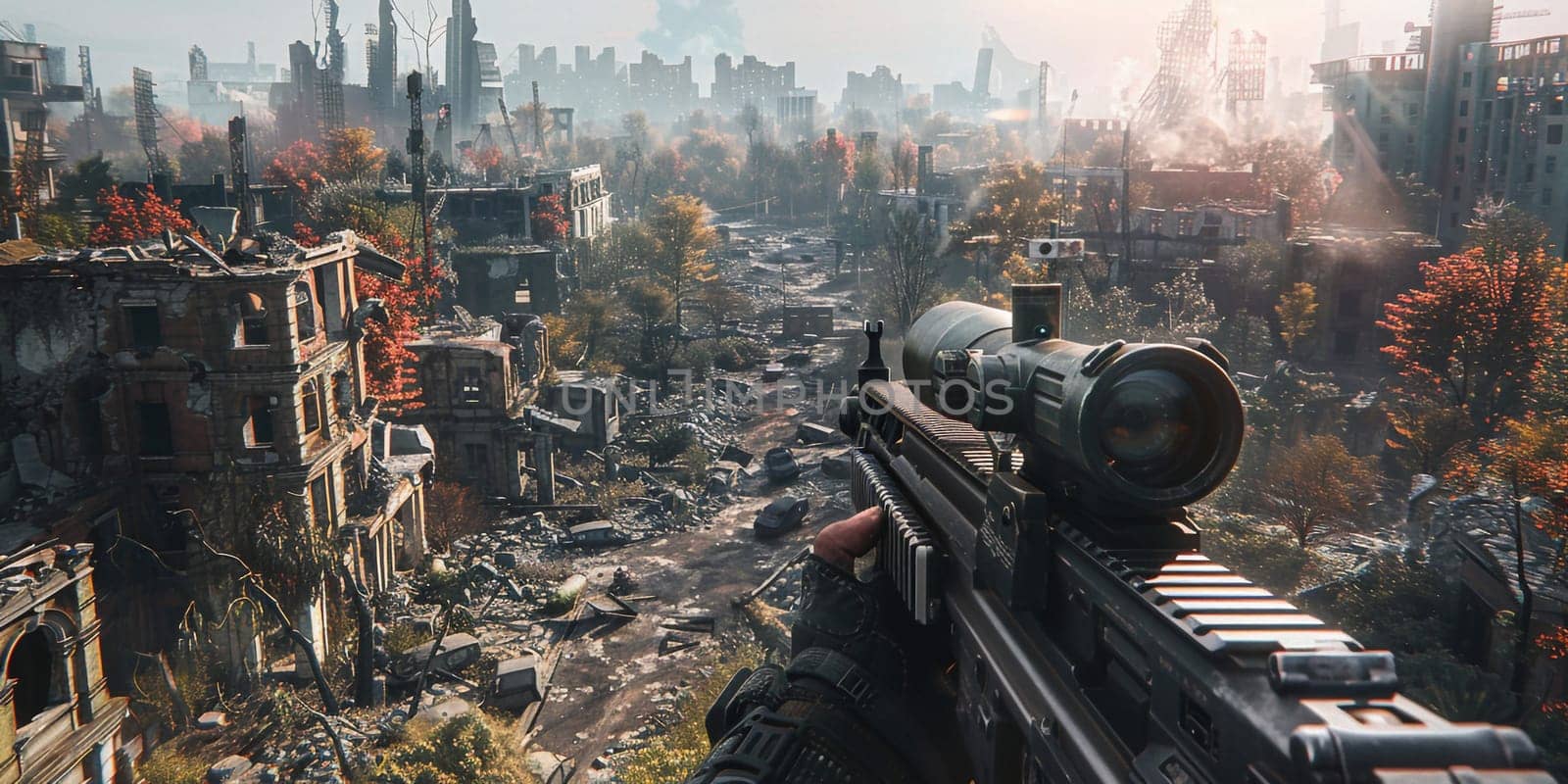 Post-apocalyptic world, a soldier wearing unique anti-nuclear armor stands with a conceptual rifle amidst the ruins of a city destroyed by nuclear war. High quality photo
