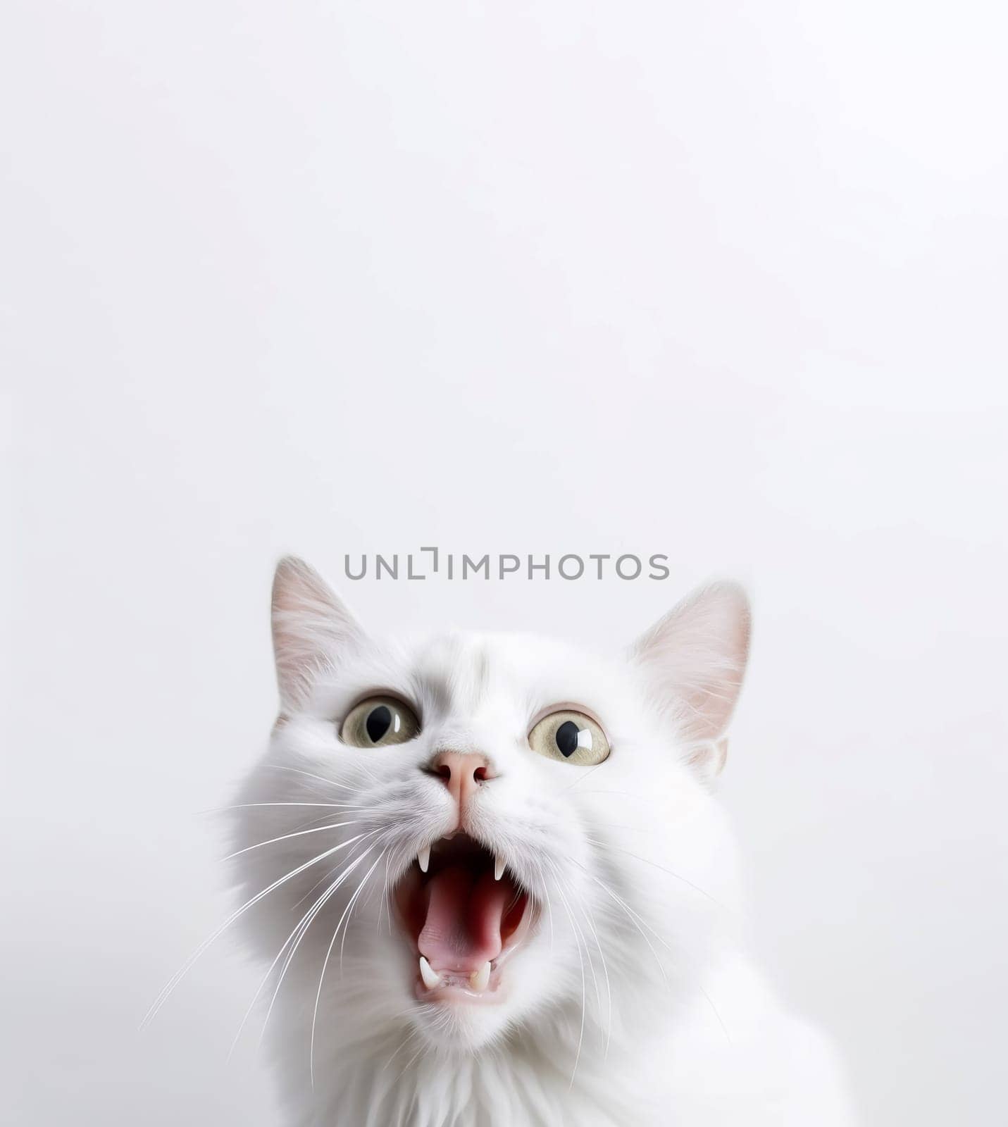 White cat screaming banner. Funny looking. Generate Ai