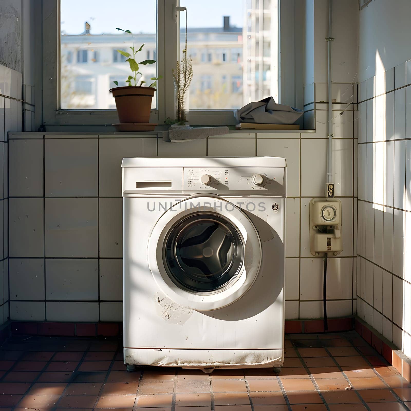 A white washing machine is installed in the laundry room next to a window, complemented by cabinetry and a clothes dryer. The fixture is a major home appliance, standing on the floor
