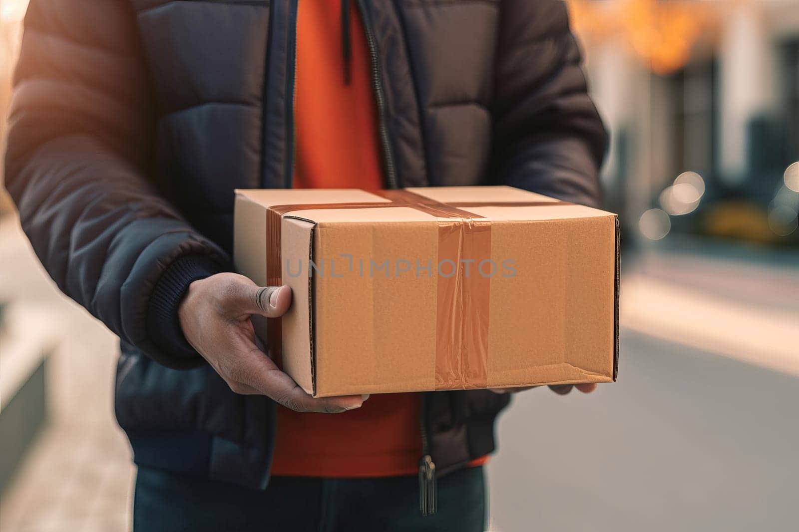 Hands delivery man package. Generate Ai by ylivdesign