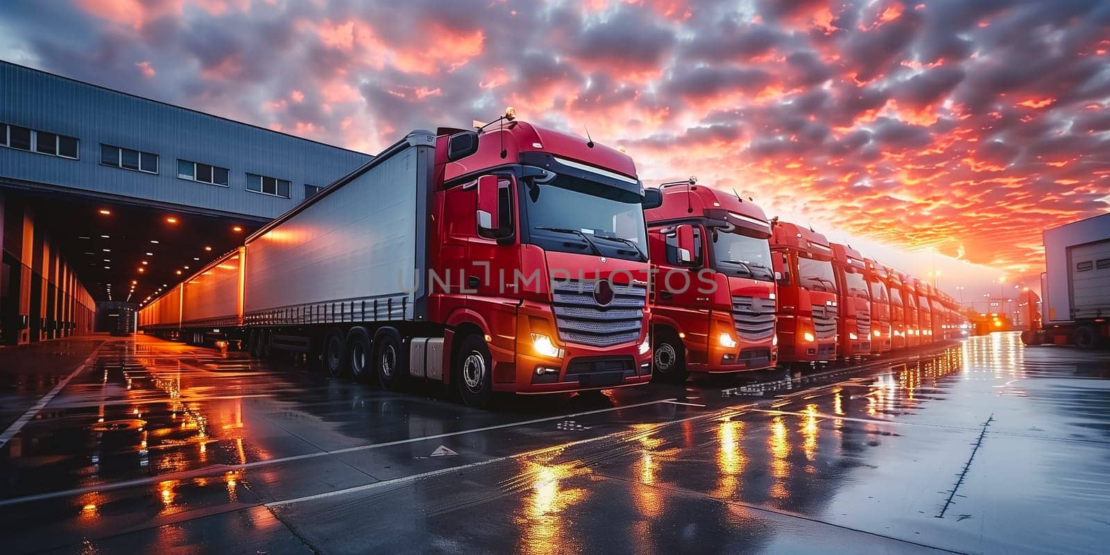 Big distribution warehouse with gates for loads and trucks.