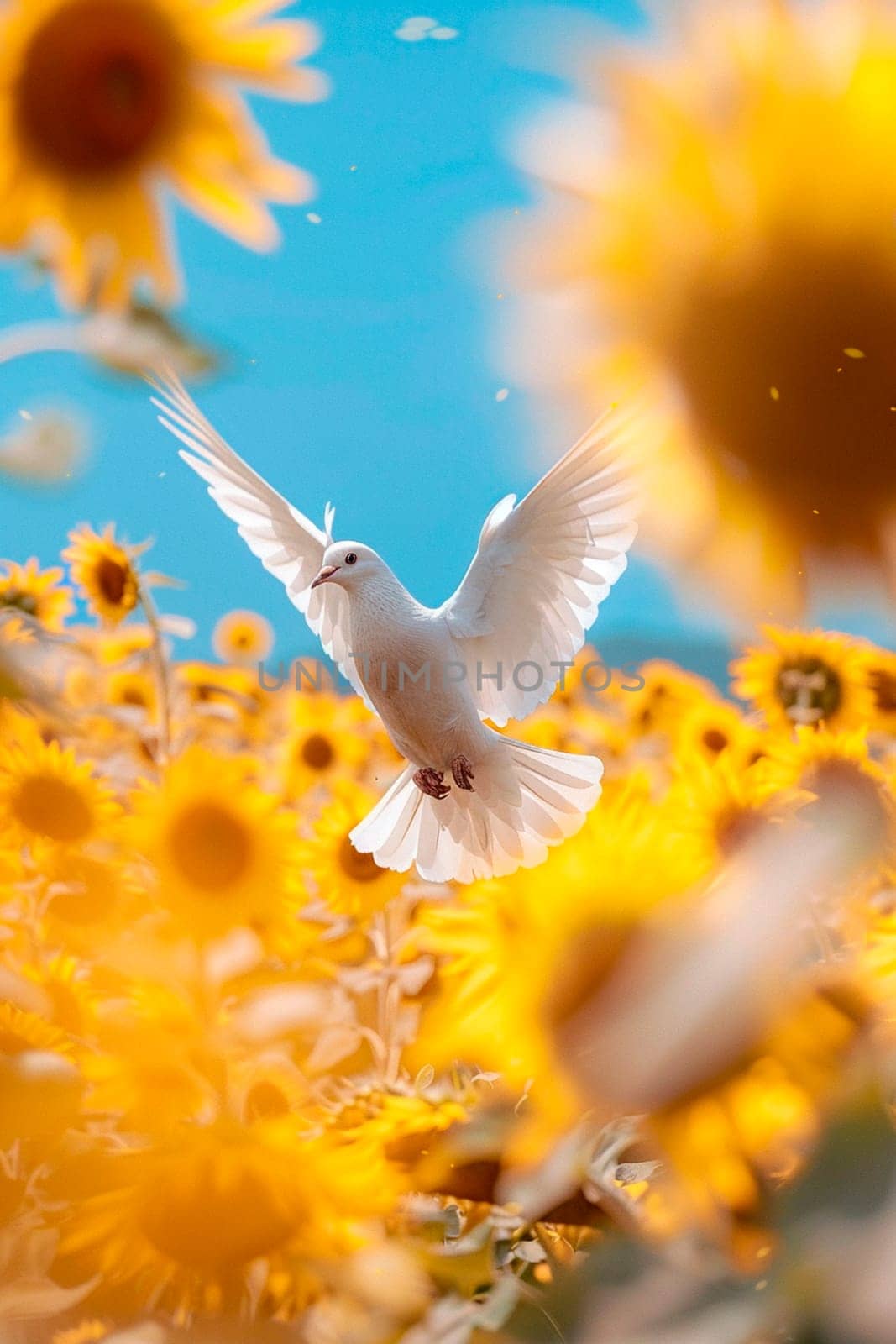 A white dove over a sunflower field in Ukraine. Selective focus. by yanadjana