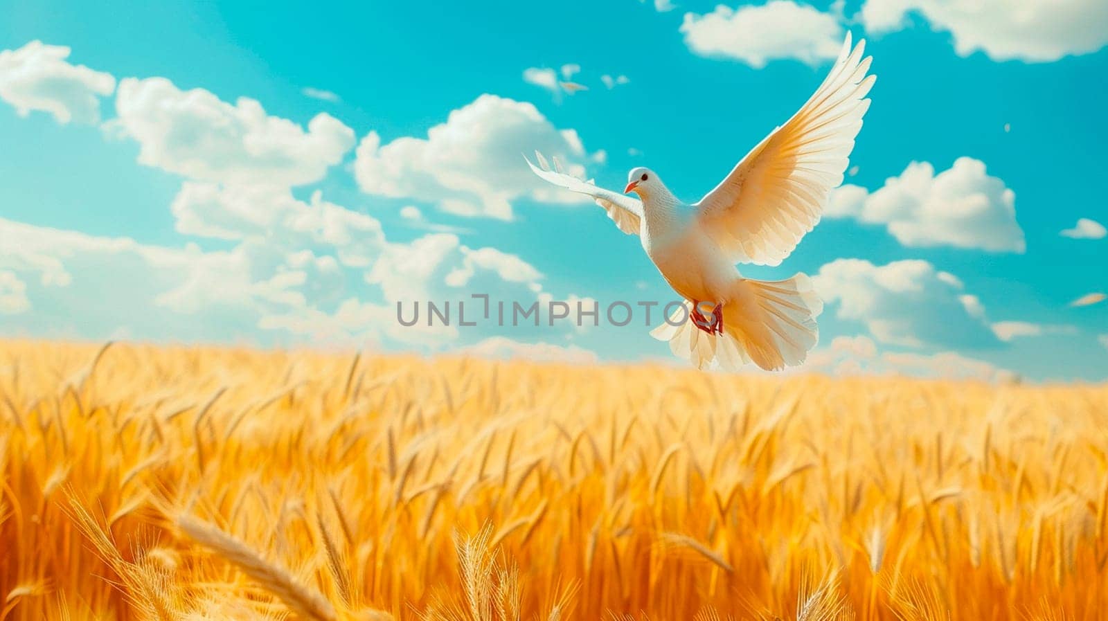 White dove over a wheat field in Ukraine. Selective focus. Nature.