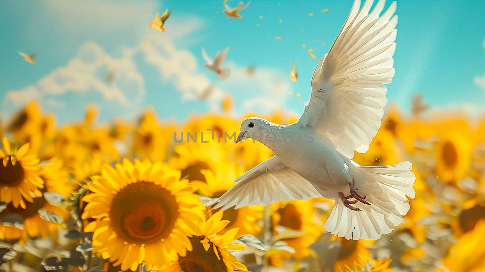 A white dove over a sunflower field in Ukraine. Selective focus. by yanadjana