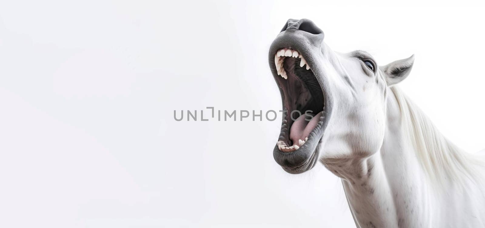Horse screaming face banner. Smile teeth. Generate Ai