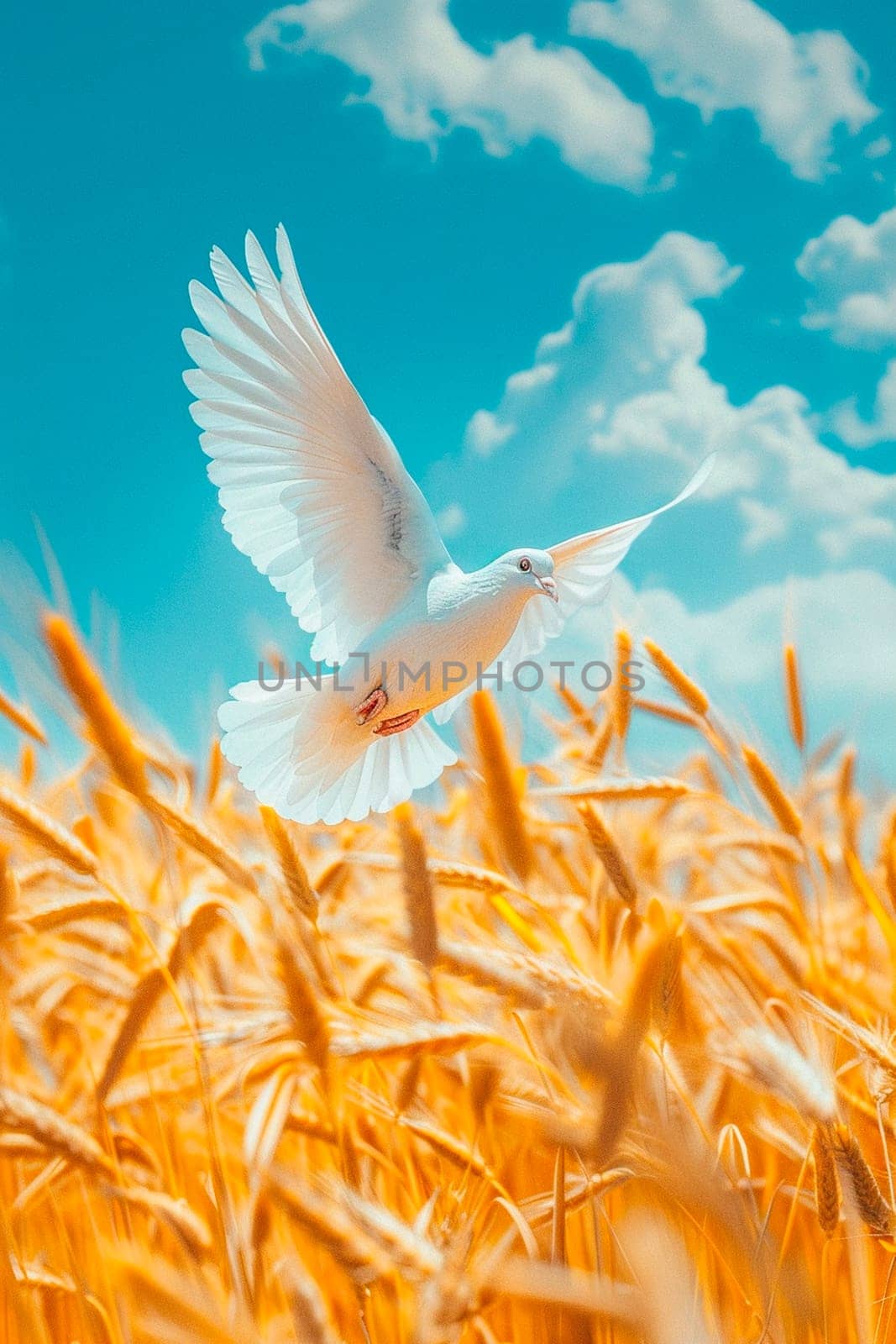 White dove over a wheat field in Ukraine. Selective focus. Nature.