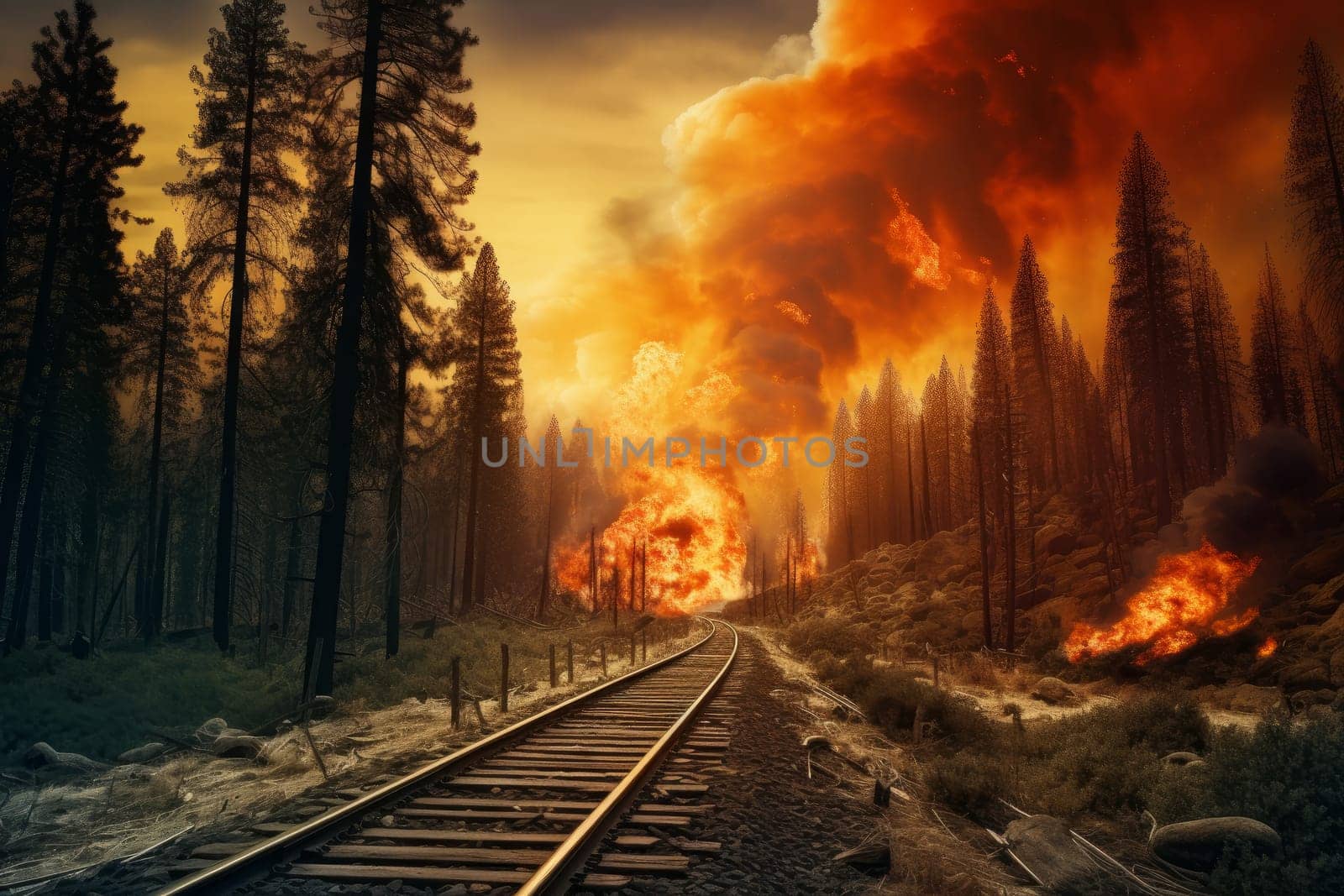 Railway fire forest. Generate Ai by ylivdesign