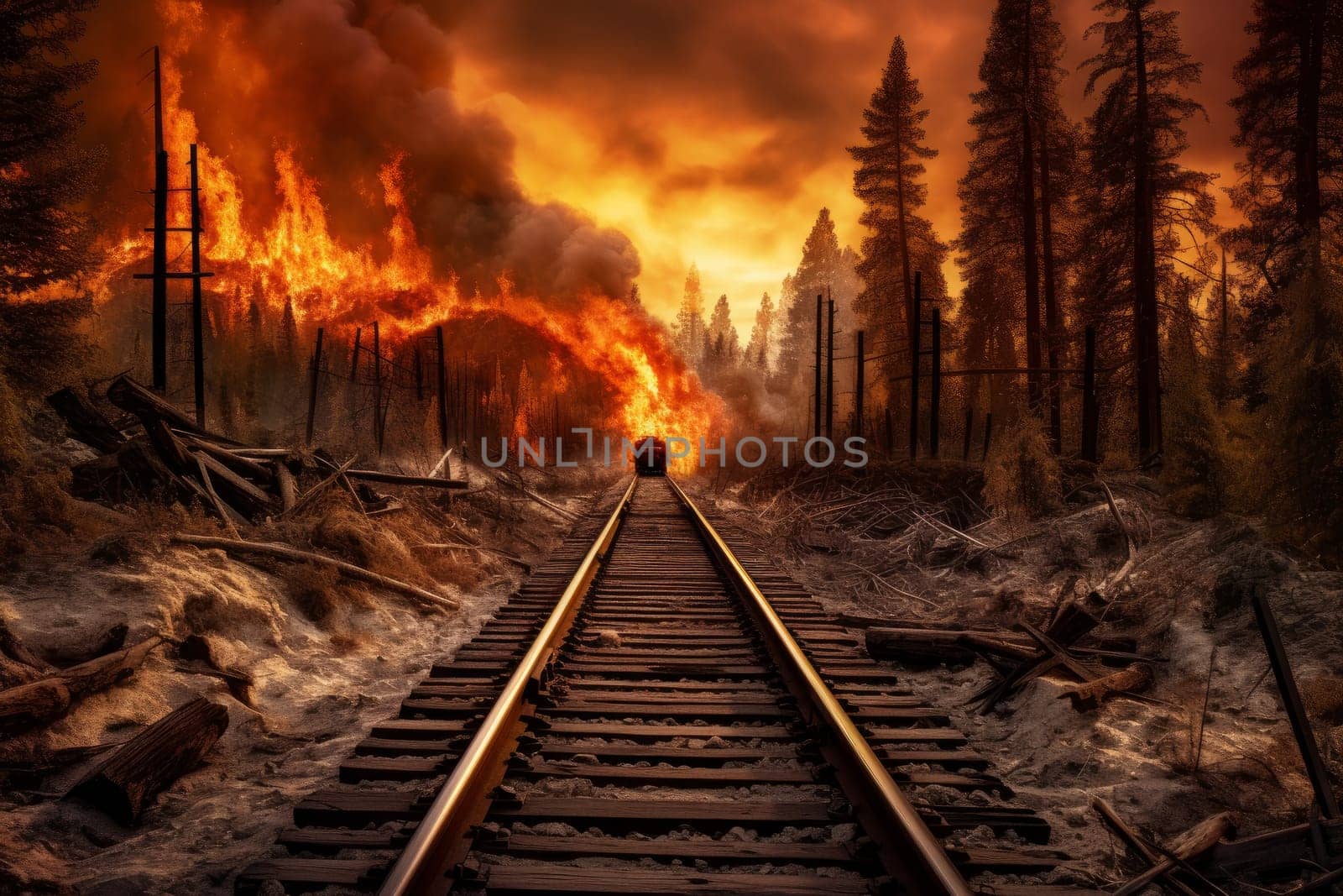 Railway fire forest natural. Generate Ai by ylivdesign