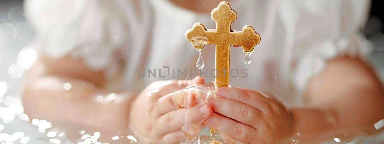 Baptism of a child cross in hands. Selective focus. Kid.