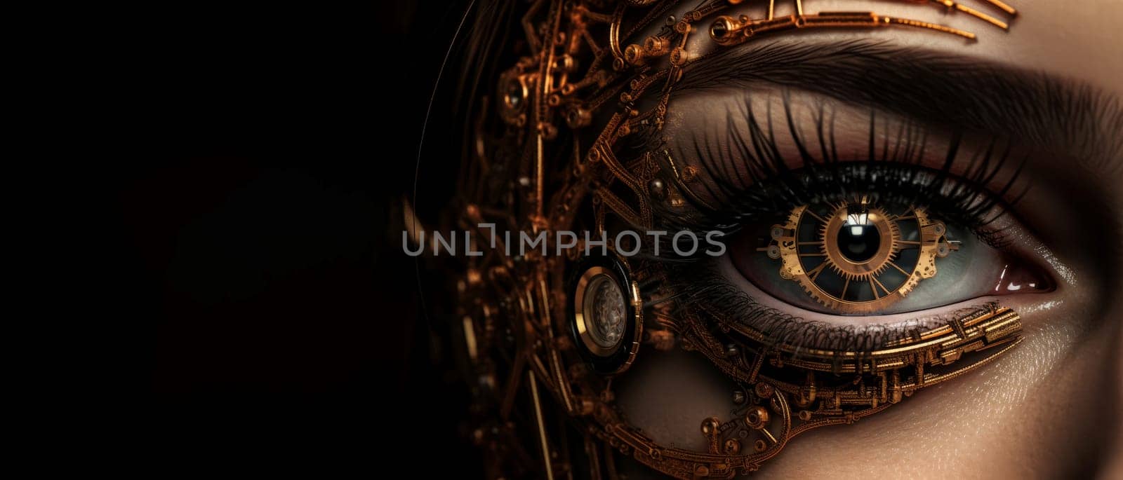 Steampunk eye face banner. Cinema gothic. Generate Ai