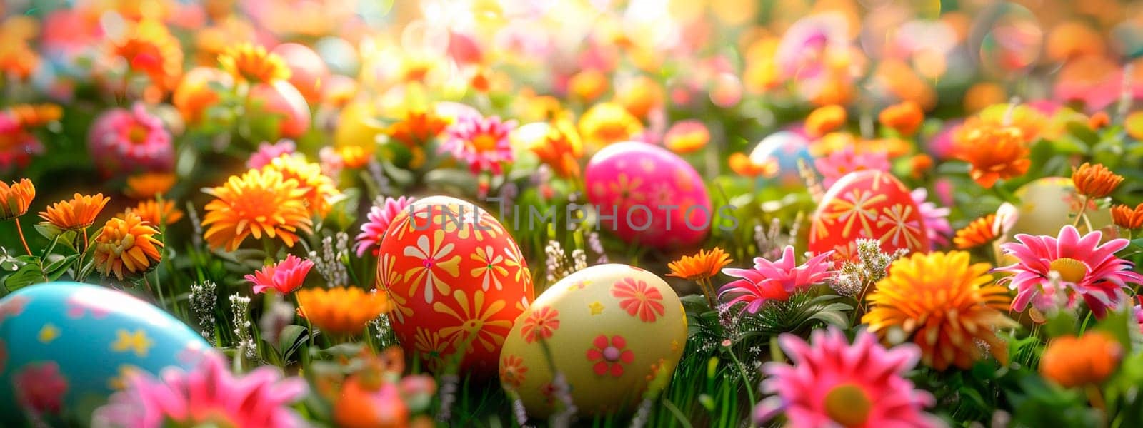 Easter eggs and flowers in the garden. Selective focus. Holiday.