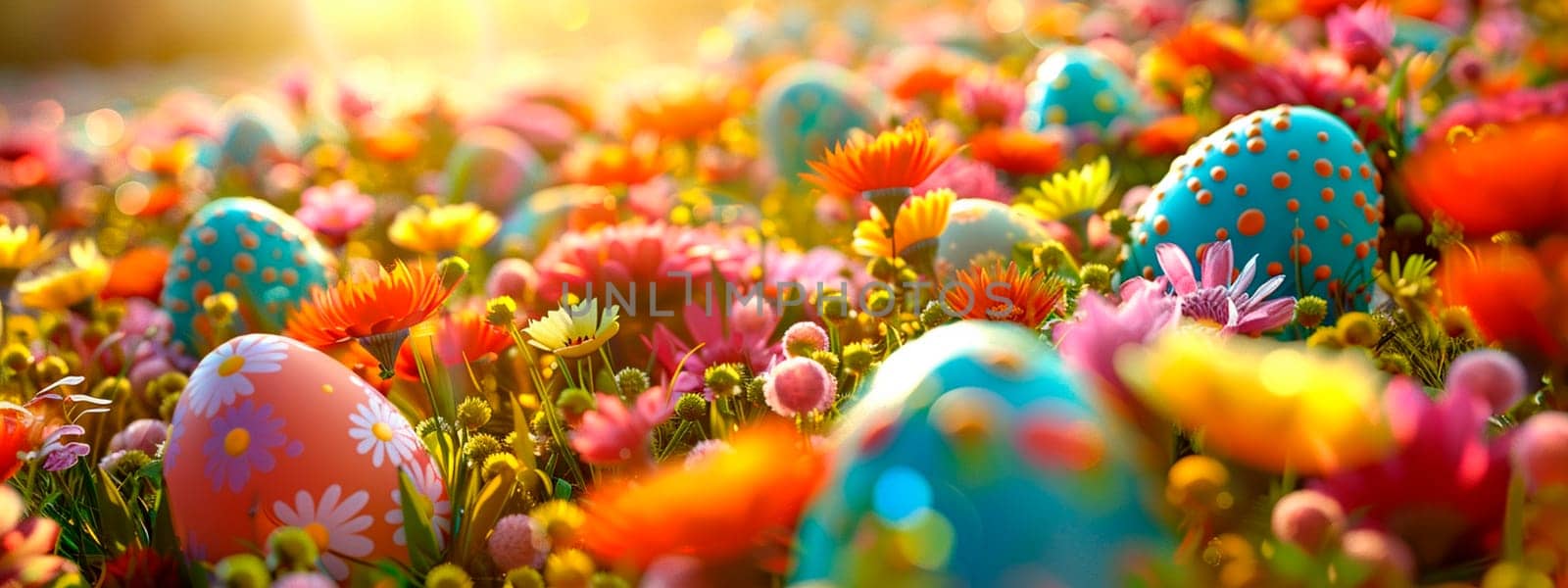Easter eggs and flowers in the garden. Selective focus. Holiday.