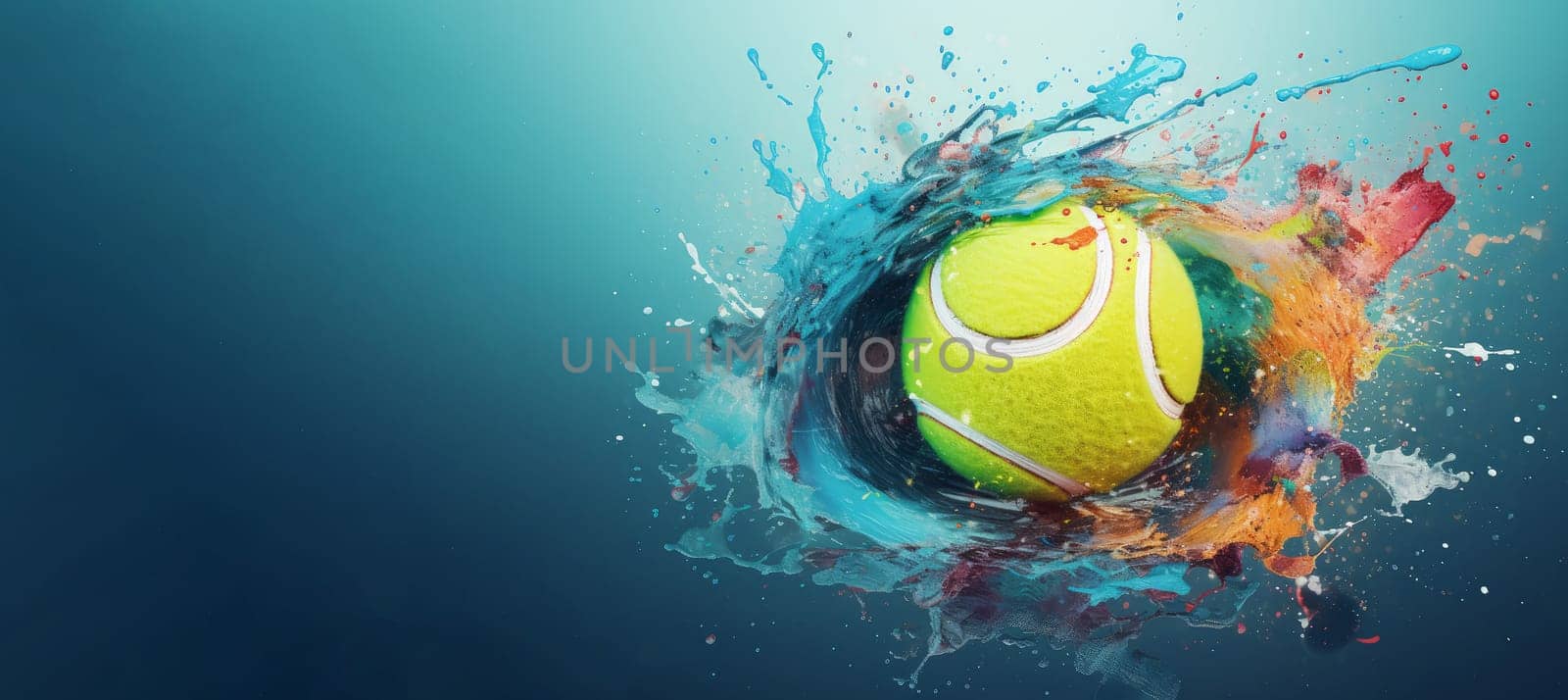 Tennis ball splashes banner. Sport motion. Generate Ai