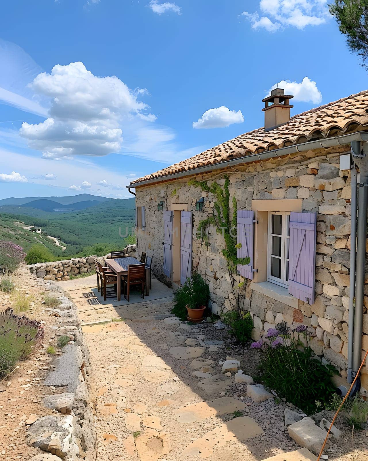 A charming stone house with vibrant purple shutters, framed by a picturesque natural landscape. The clouds drift lazily in the sky above, creating a serene and peaceful atmosphere