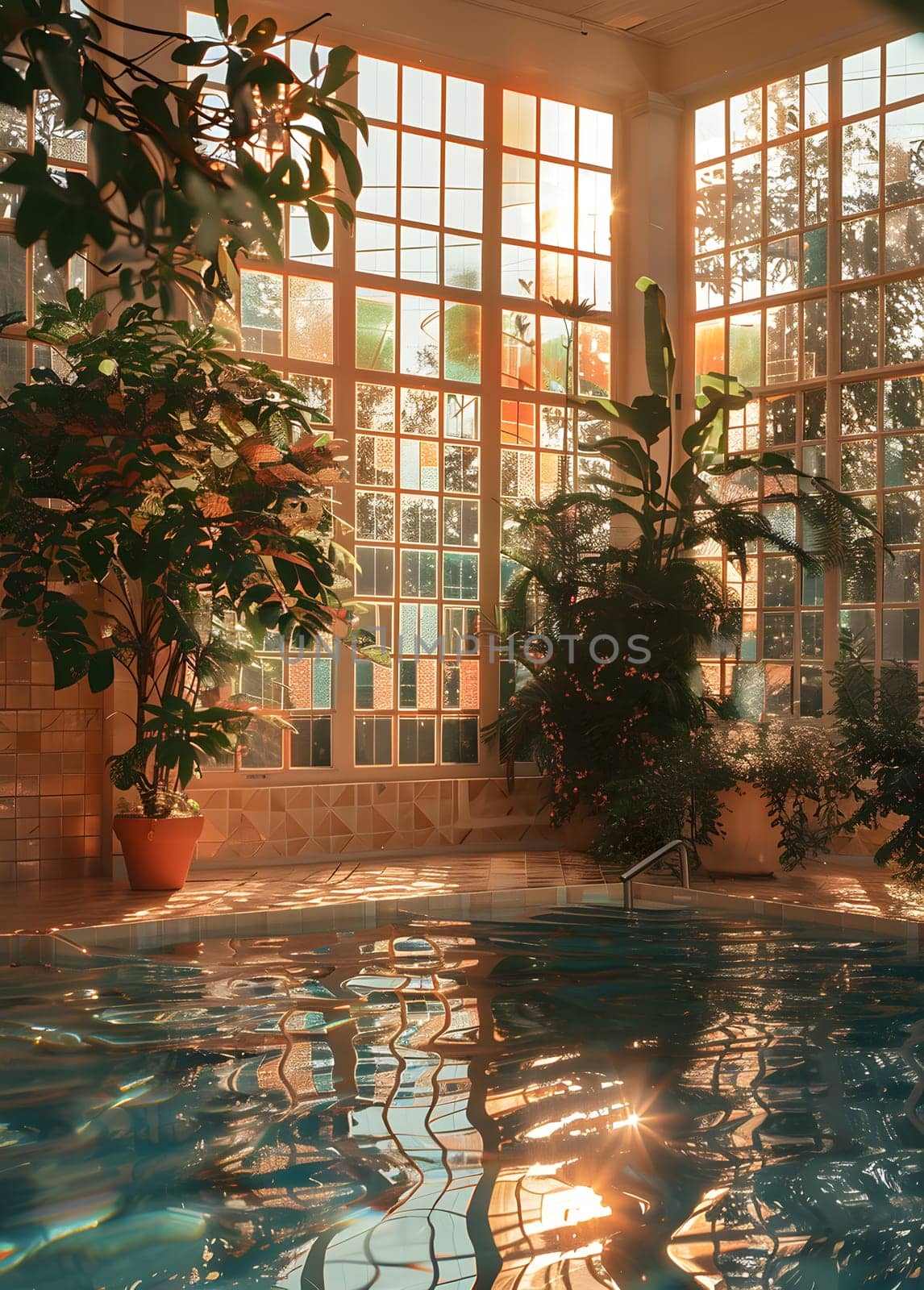 Swimming pool inside a greenhouse with plants and sunny interior design by Nadtochiy