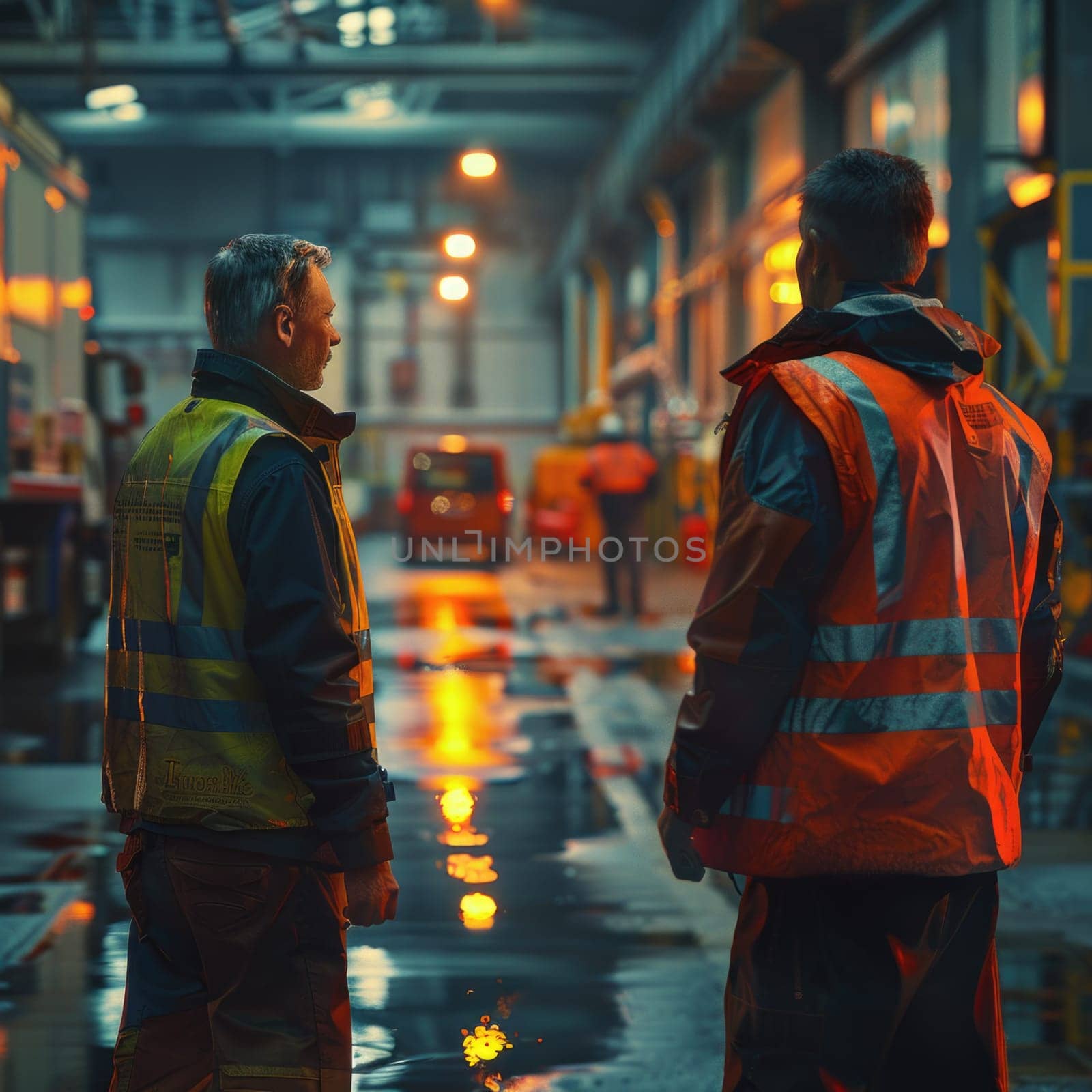 A couple of men wearing work attire standing side by side in a warehouse setting.