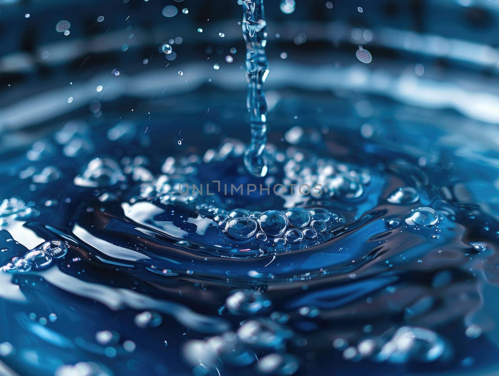 Close-up image of clear water droplets rippling on a reflective blue surface, depicting purity and tranquility.