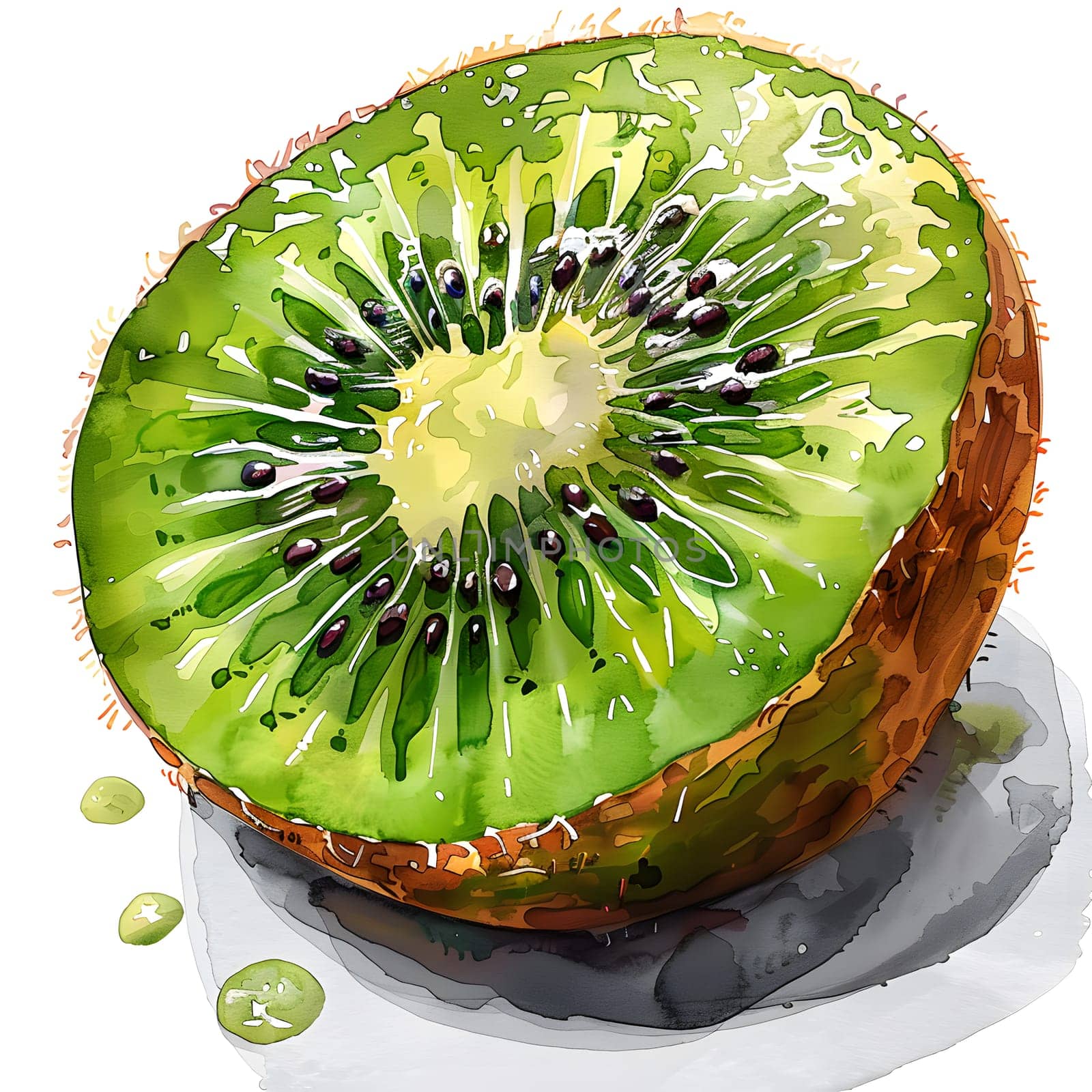 Watercolor depiction of a sliced kiwi, a staple food ingredient by Nadtochiy