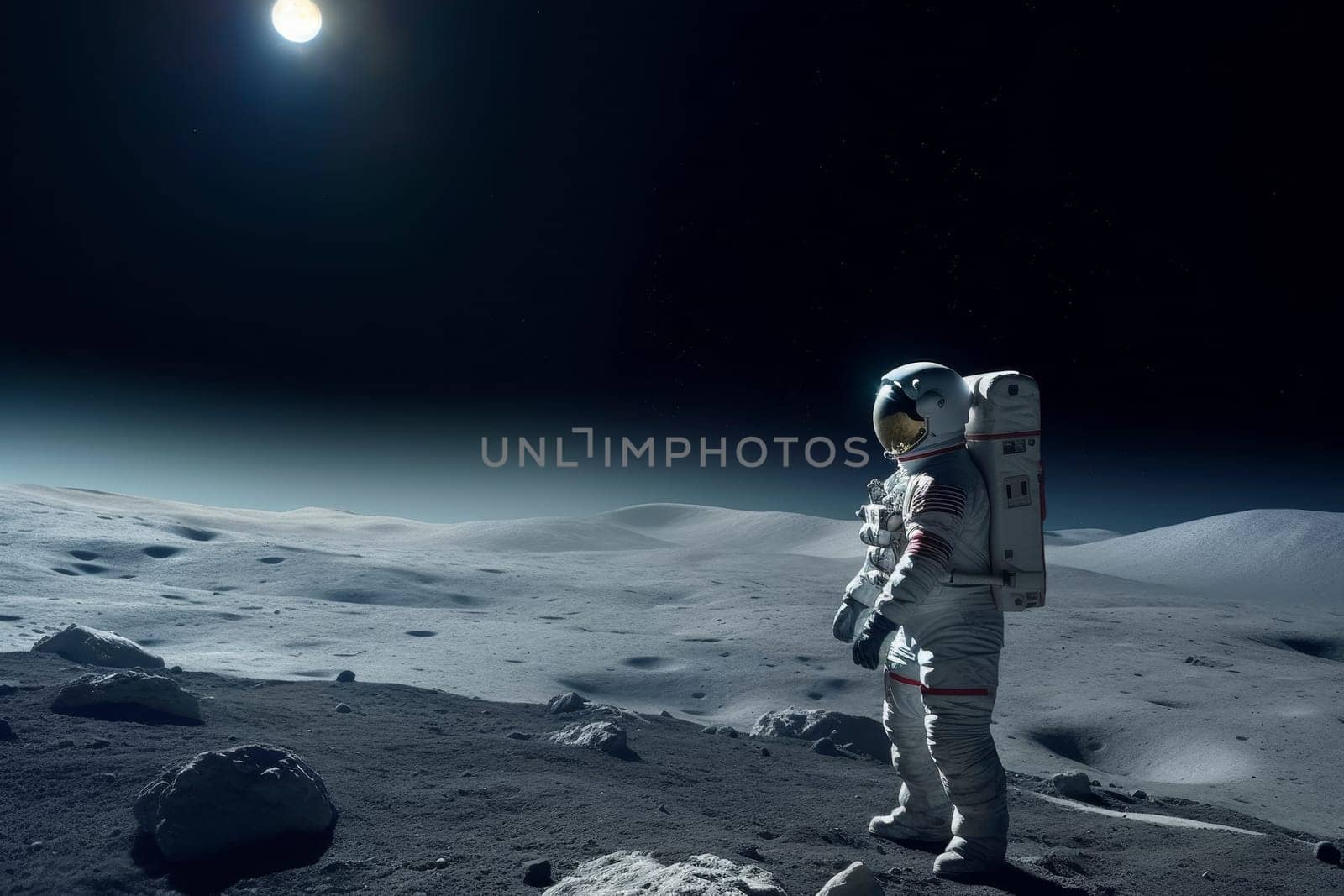 Astronaut standing on moon's surface, lunar terrain backdrop.