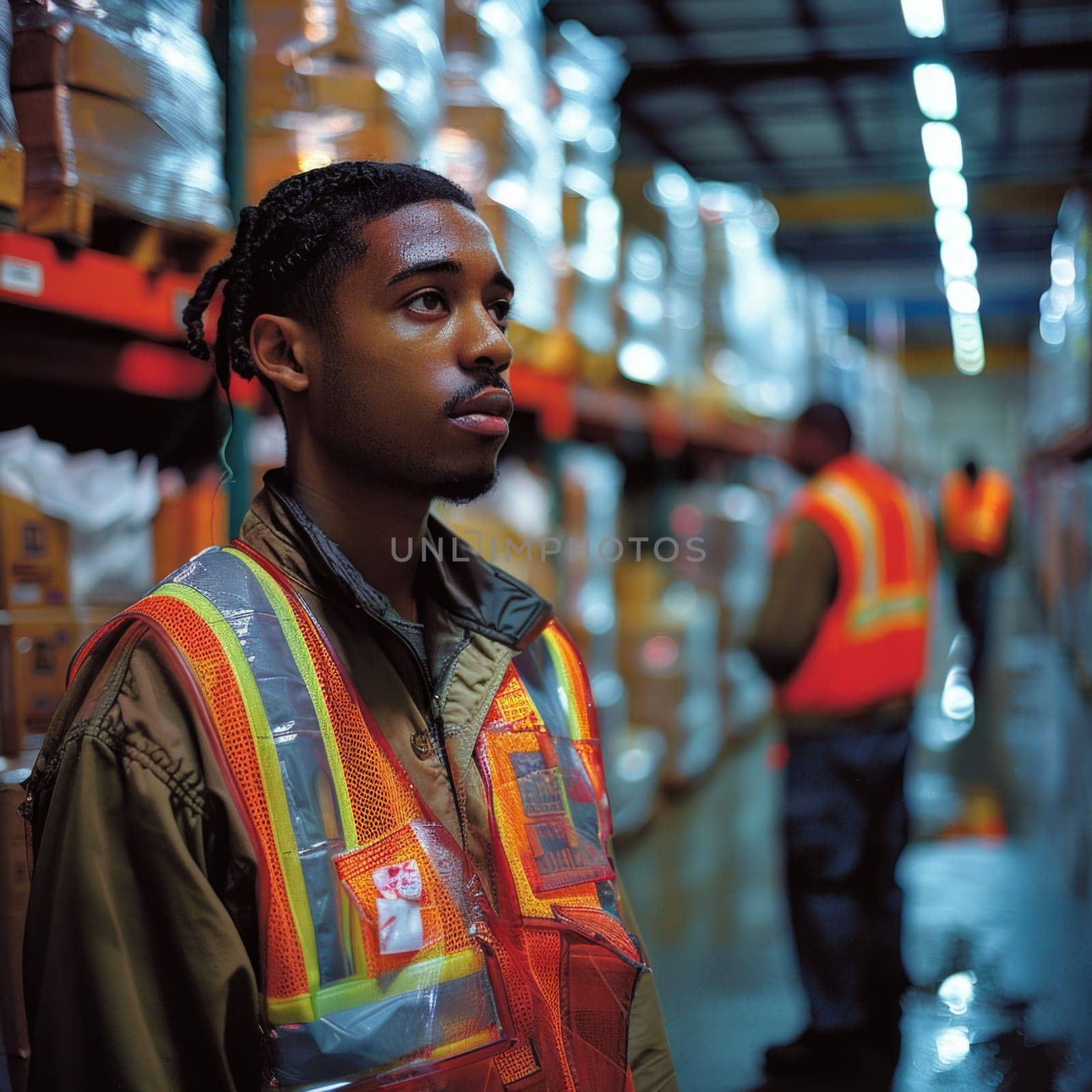 A worker standing in a warehouse while wearing a safety vest.