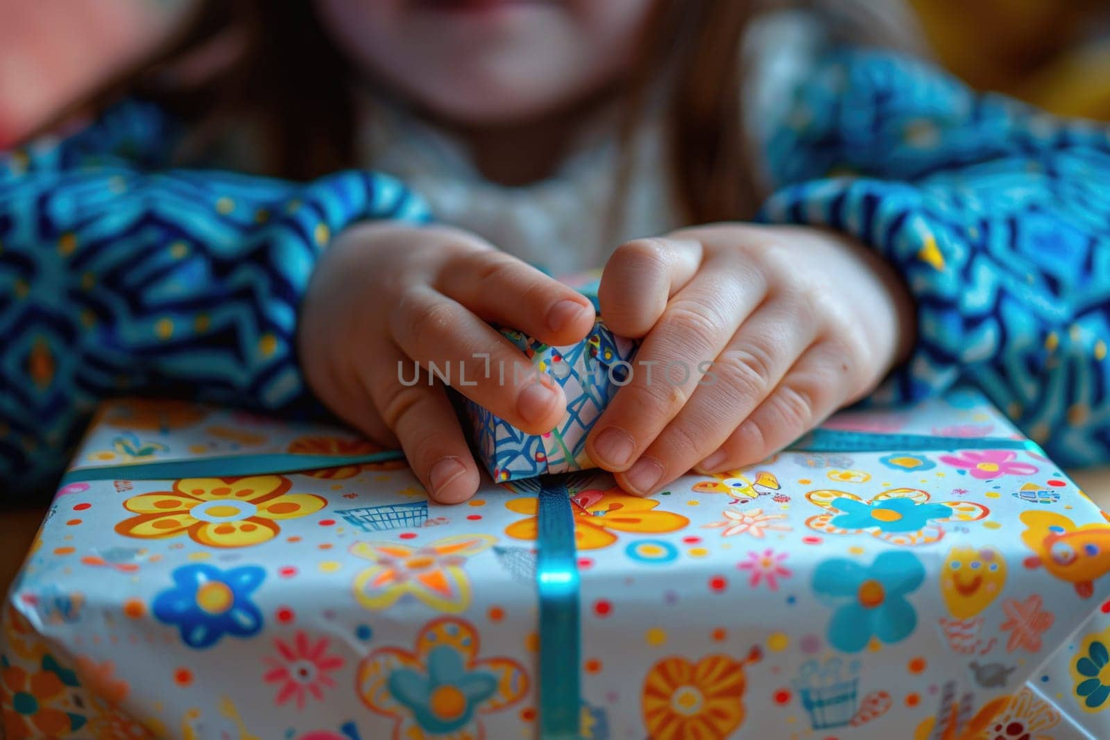 Close-up of a child's hands as they eagerly unwrap a brightly colored gift box, embodying the excitement of holidays and gift-giving.