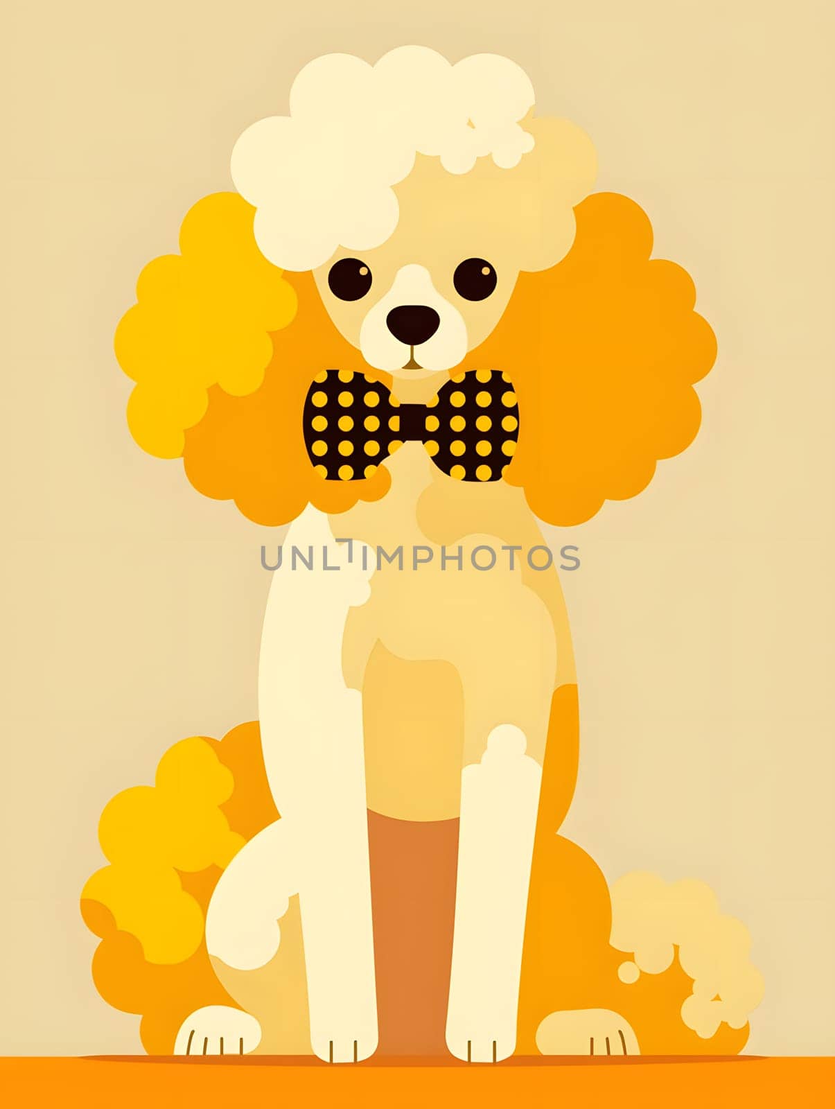 A fictional character poodle with an orange balloonshaped bow tie sits happily, making a gesture while working as a drawing illustration in an art font