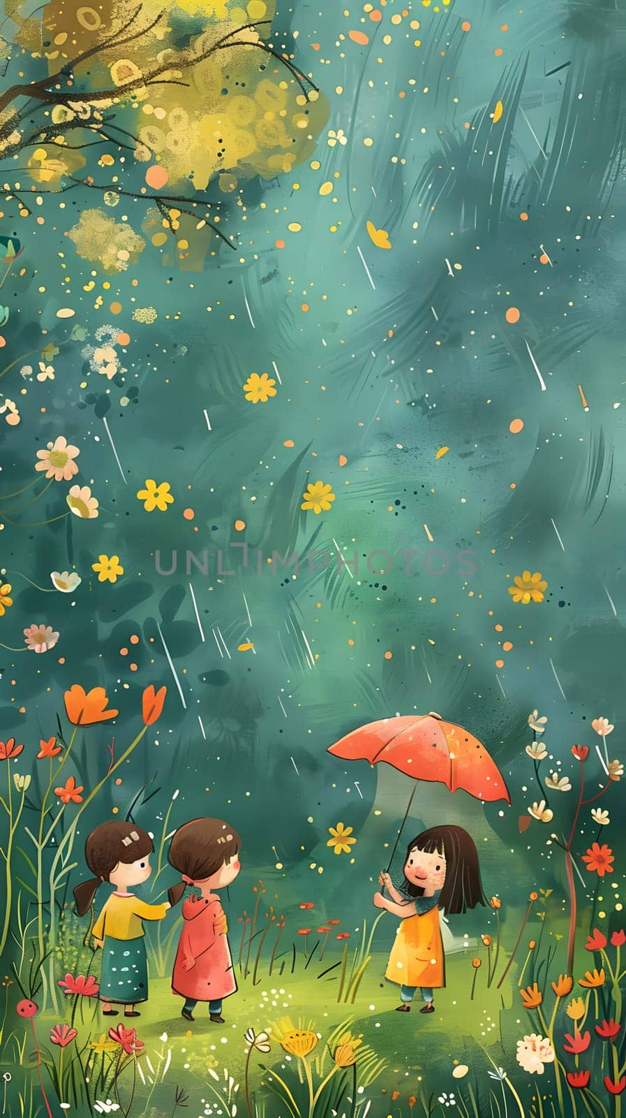 A beautiful painting depicting three girls standing in the rain, holding an umbrella, surrounded by lush green vegetation and natural environment
