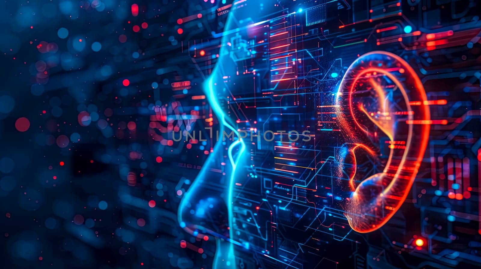 Digital representation of a human ear amidst glowing circuit board lines, symbolizing modern technology