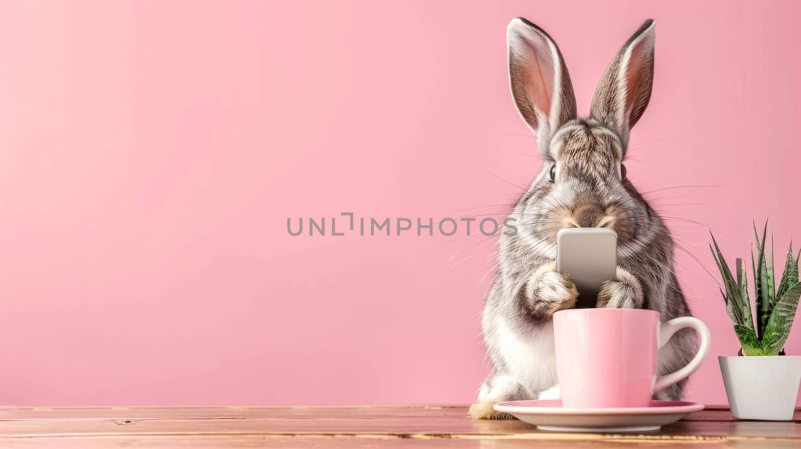 Cute rabbit holding a smartphone beside a pink coffee cup on a wooden table with pink backdrop