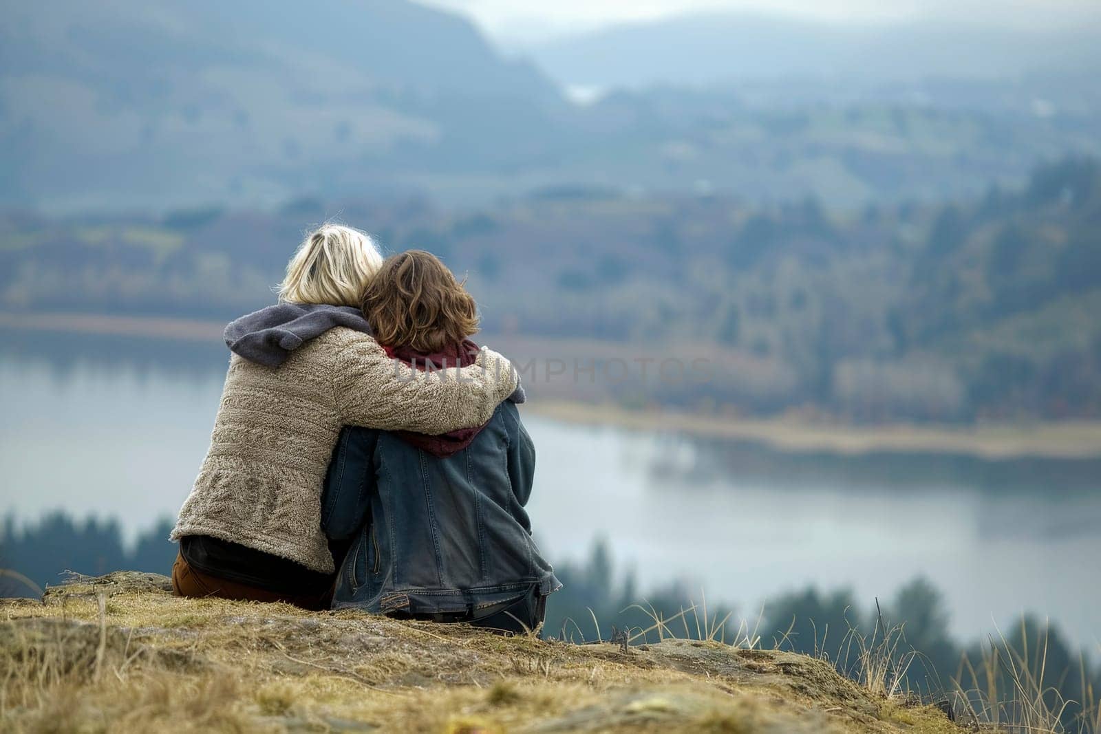 Two friends sit closely on a hill, overlooking the serene waters of a lake. They share a moment of quiet companionship in a scenic landscape