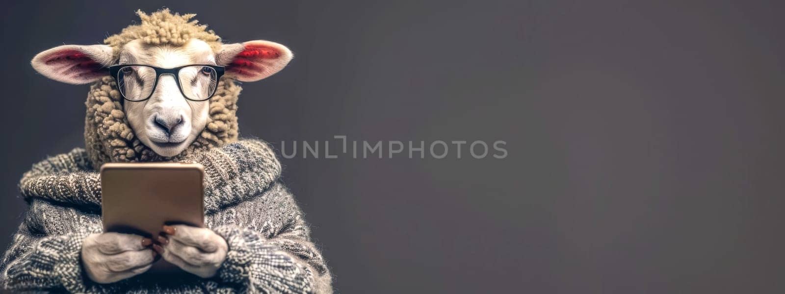 A digitally altered image of a sheep wearing glasses and using a tablet