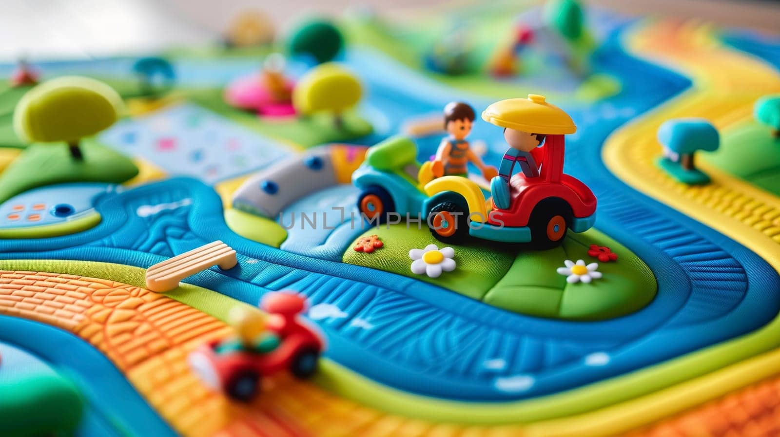 A vibrant display of educational toys arranged on a playmat, designed to stimulate learning. The toys offer a variety of shapes and colors to engage young minds