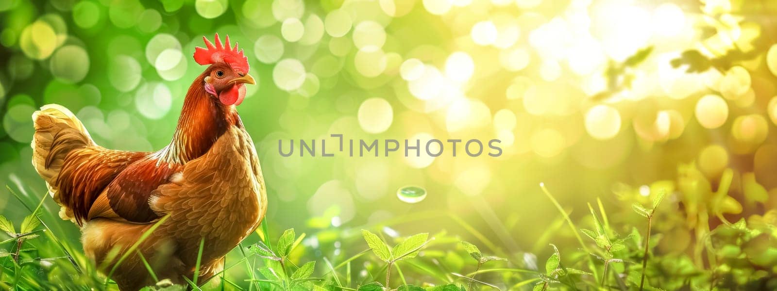 Vibrant rooster stands amidst lush greenery under the golden sunrise