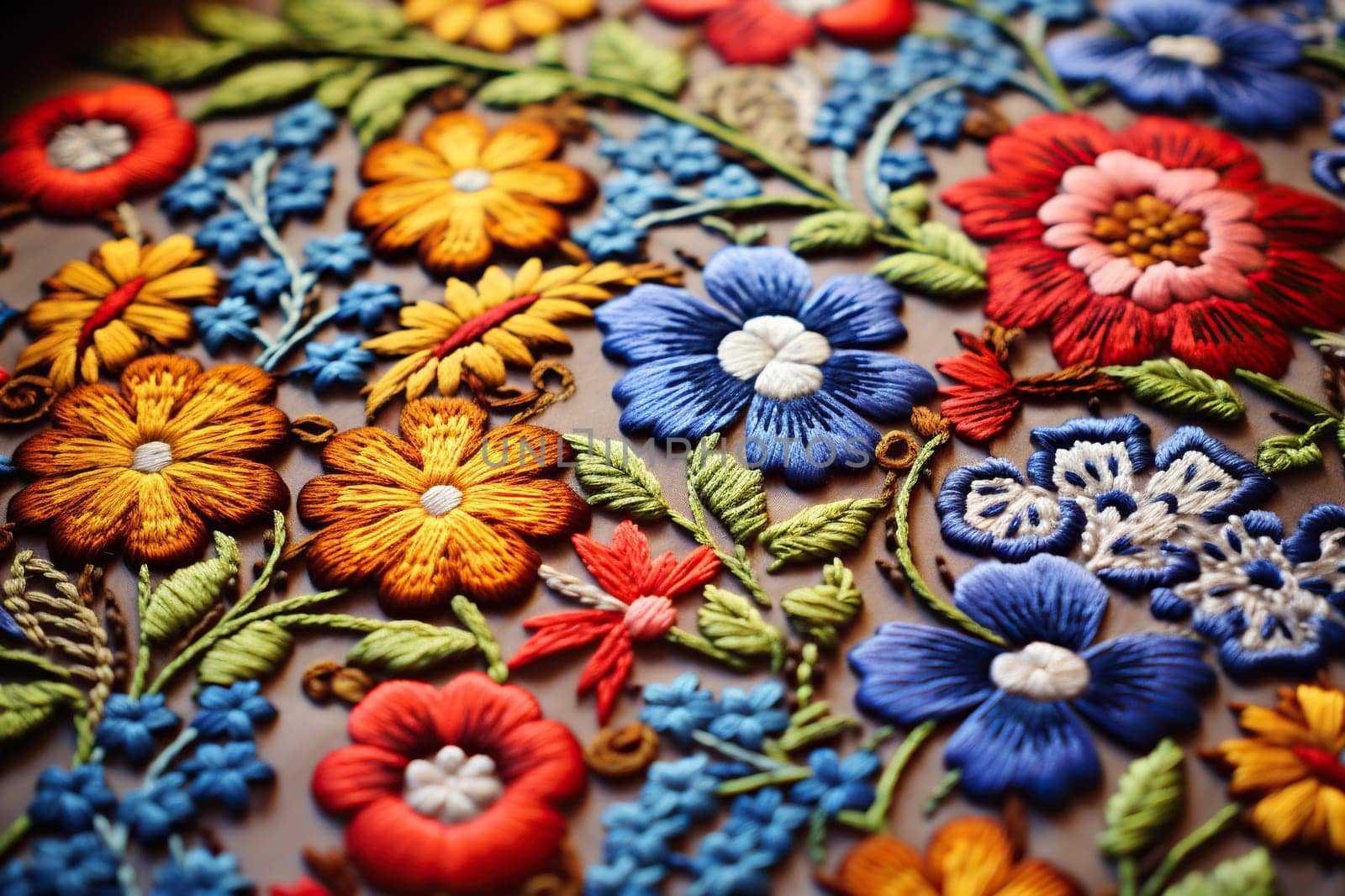 Canvas with embroidered multi-colored flowers.
