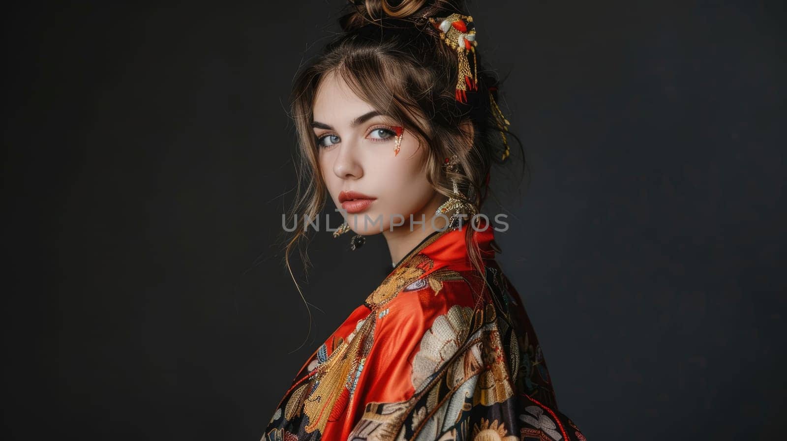 European girl posing in traditional clothes of Asian cultures AI