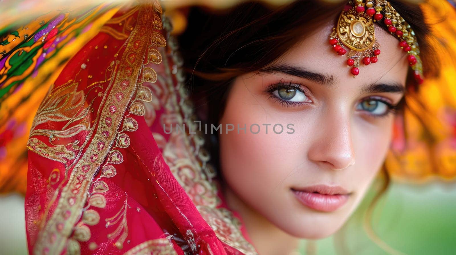 European girl posing in traditional clothes of Asian cultures AI