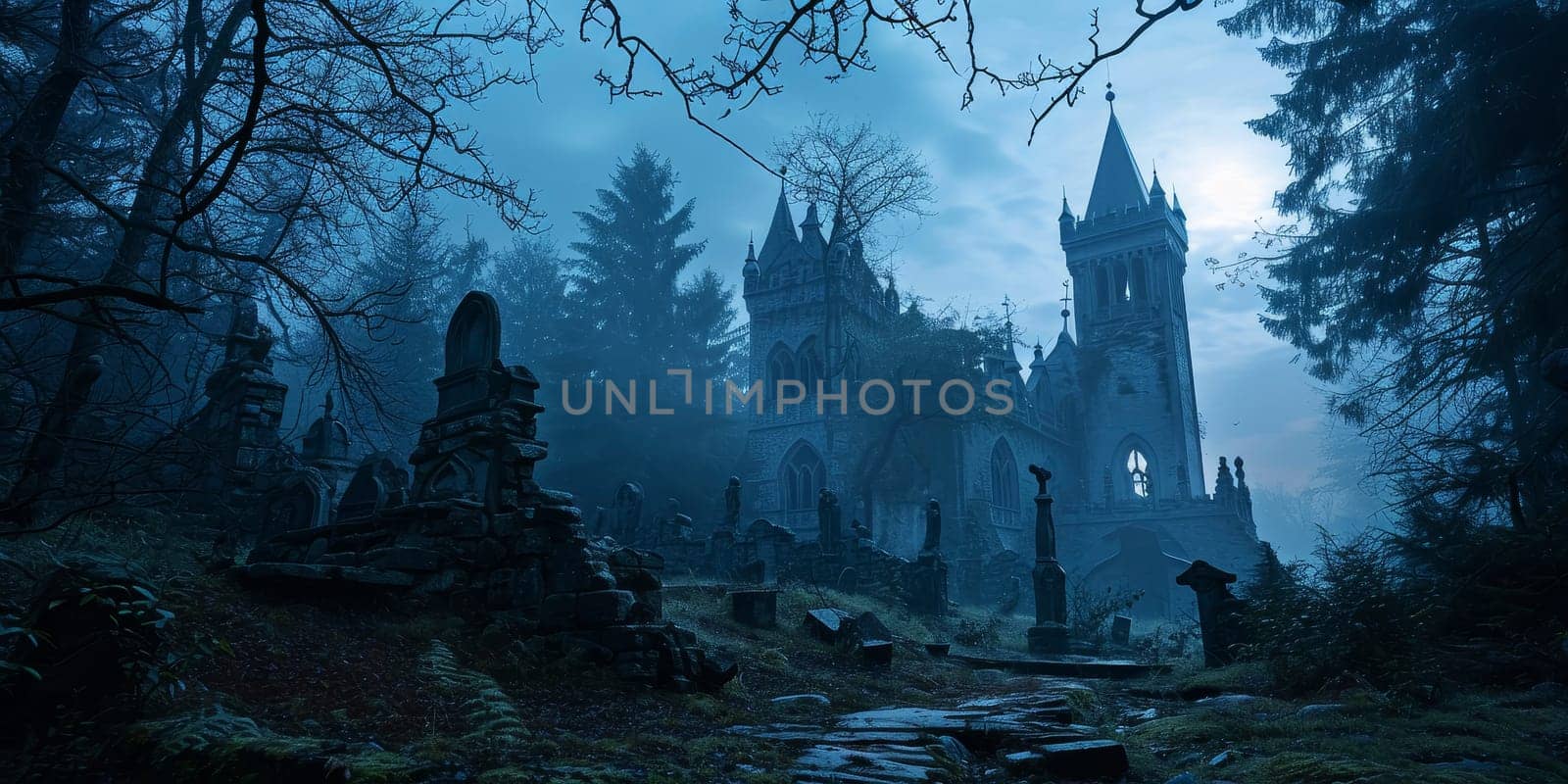 Gothic Castle with Moonlit Cemetery Scene by andreyz