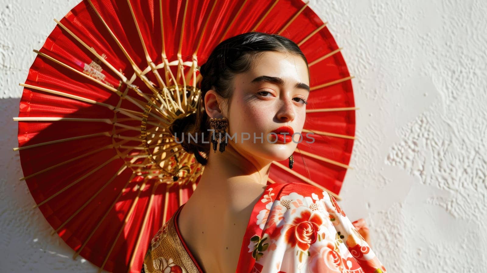 European girl posing in traditional clothes of Asian cultures AI