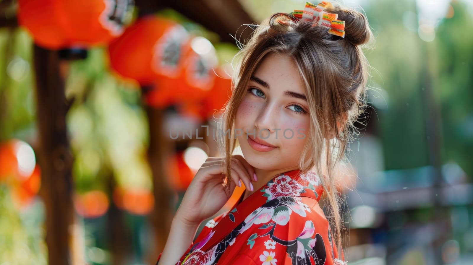 European girl posing in traditional clothes of Asian cultures AI