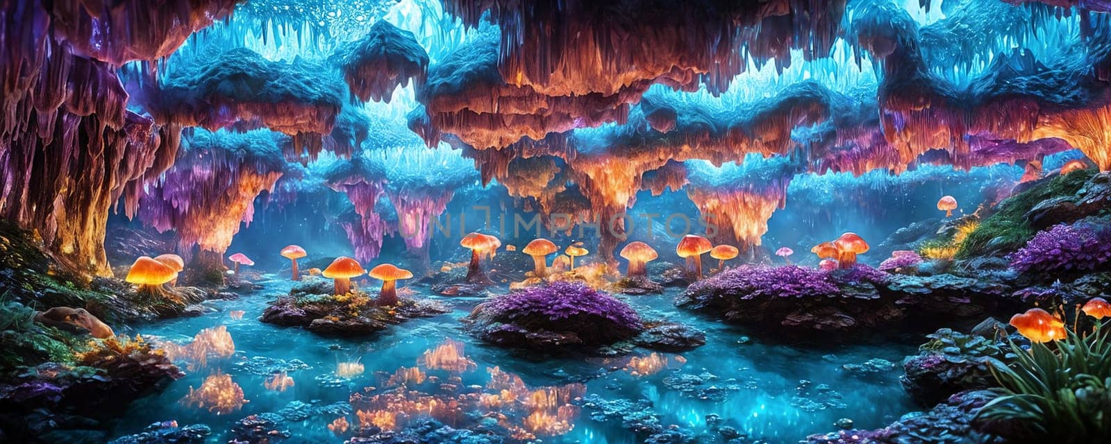 Crystal Cave, a subterranean world filled with shimmering crystal formations, glowing mushrooms, and irides. Generative AI