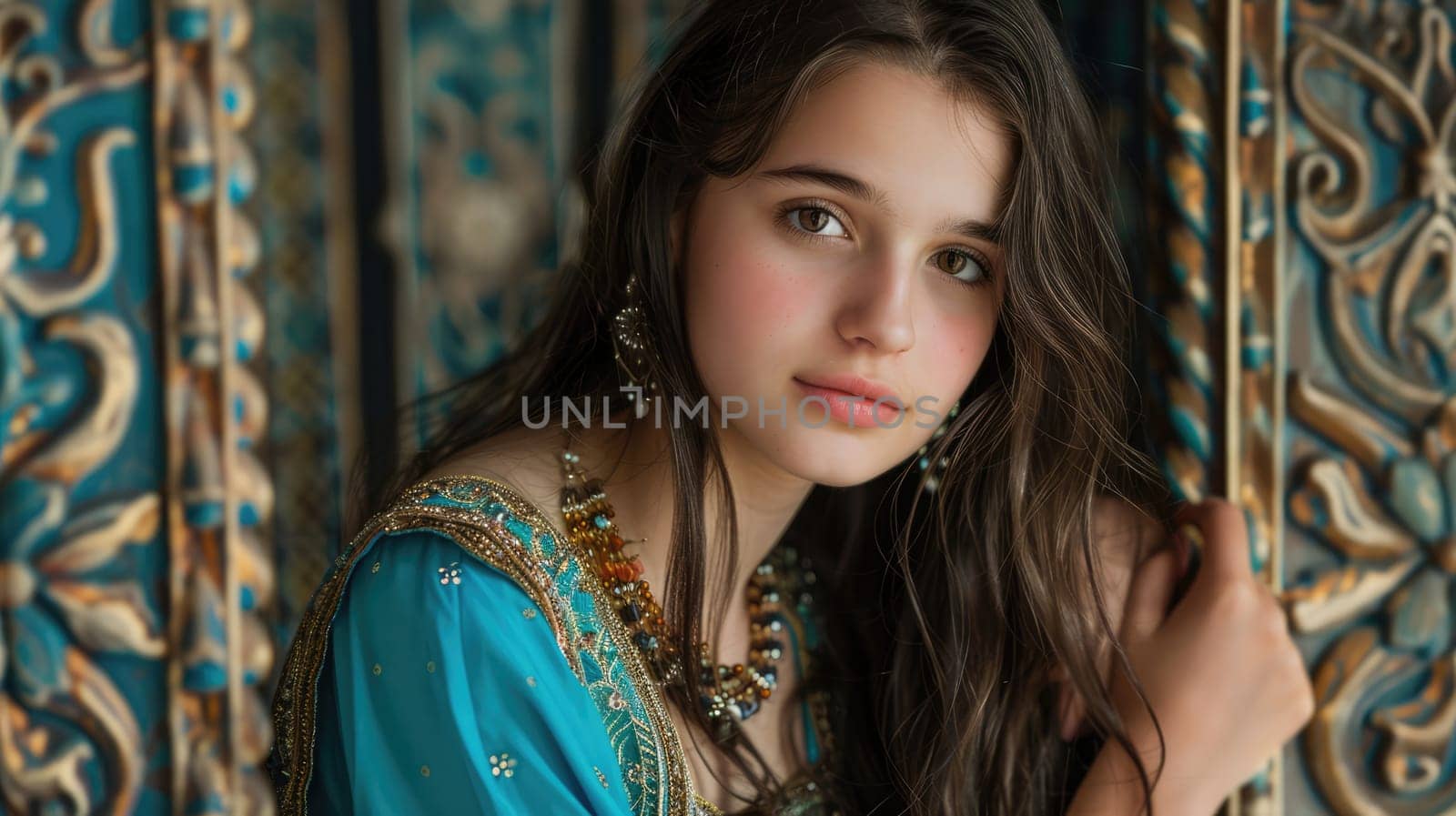 European girl posing in traditional clothes of Asian cultures AI