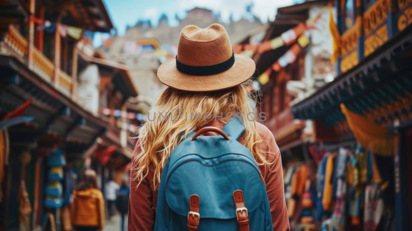 European girl tourist exploring the narrow streets of old cities in Asia AI