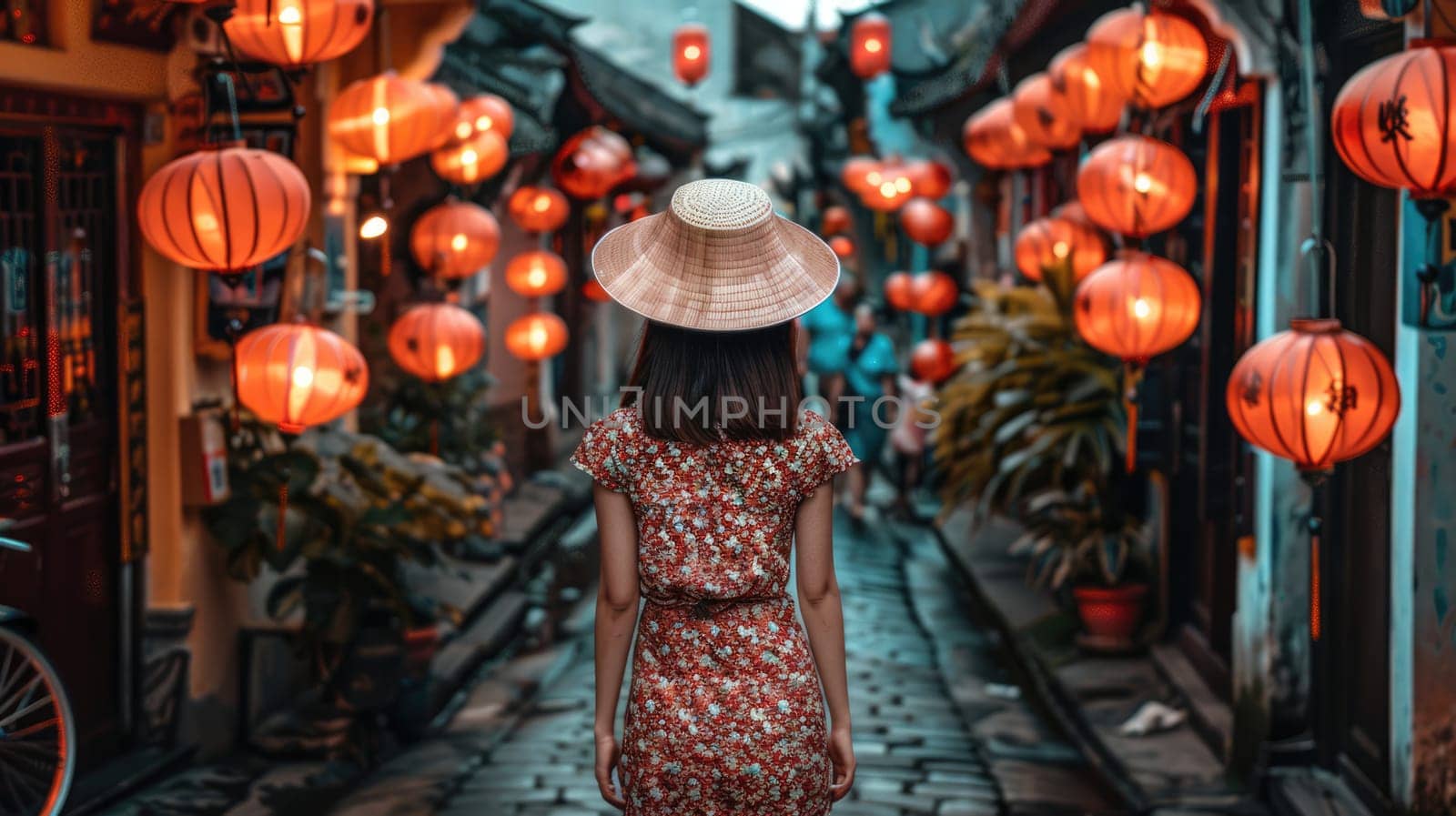 European girl tourist exploring the narrow streets of old cities in Asia AI