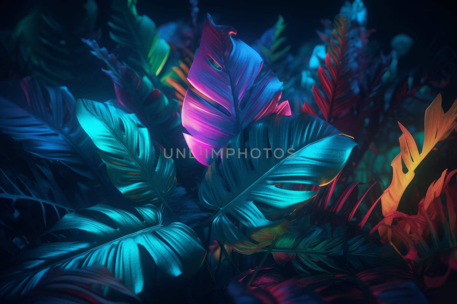 Neon jungle leaves. Night art plant. Generate Ai