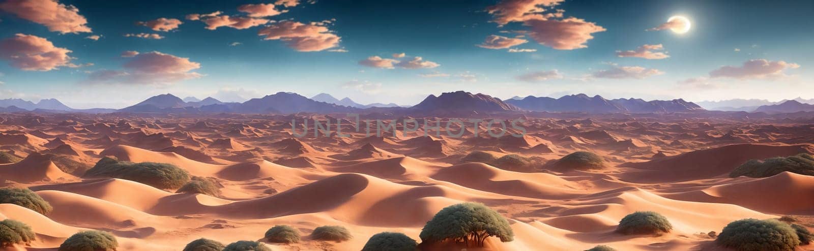 A vast desert expanse with rolling dunes under a cloudy, sunny sky. Generative AI